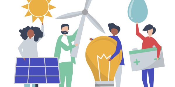 Characters of people holding green energy icons